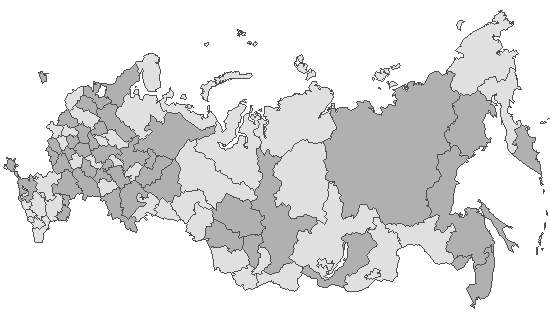 Fig. 4. Geographic distribution of RT-PCR detected influenza viruses in cities under surveillance in Russia, week 40 of 2022