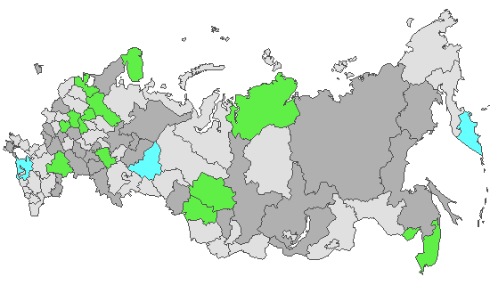 Fig. 4. Geographic distribution of RT-PCR detected influenza viruses in cities under surveillance in Russia, week 20 of 2024