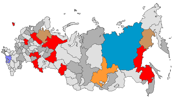Fig. 4. Geographic distribution of RT-PCR detected influenza viruses in cities under surveillance in Russia, week 43 of 2025