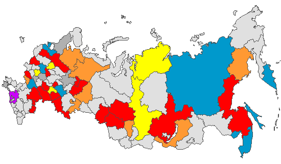 Fig. 4. Geographic distribution of RT-PCR detected influenza viruses in cities under surveillance in Russia, week 48 of 2025