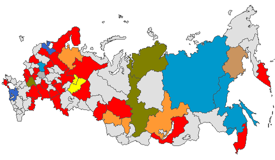 Fig. 4. Geographic distribution of RT-PCR detected influenza viruses in cities under surveillance in Russia, week 50 of 2025