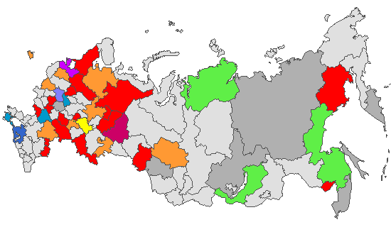 Fig. 4. Geographic distribution of RT-PCR detected influenza viruses in cities under surveillance in Russia, week 8 of 2026