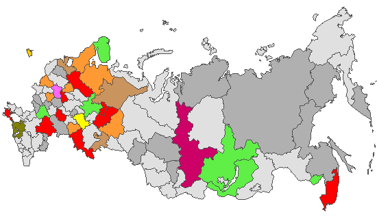 Fig. 4. Geographic distribution of RT-PCR detected influenza viruses in cities under surveillance in Russia, week 13 of 2026