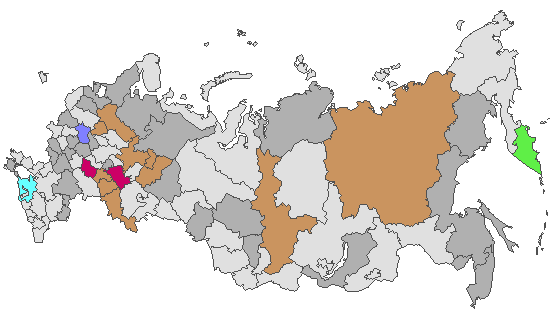 Fig. 4. Geographic distribution of RT-PCR detected influenza viruses in cities under surveillance in Russia, week 43 of 2026